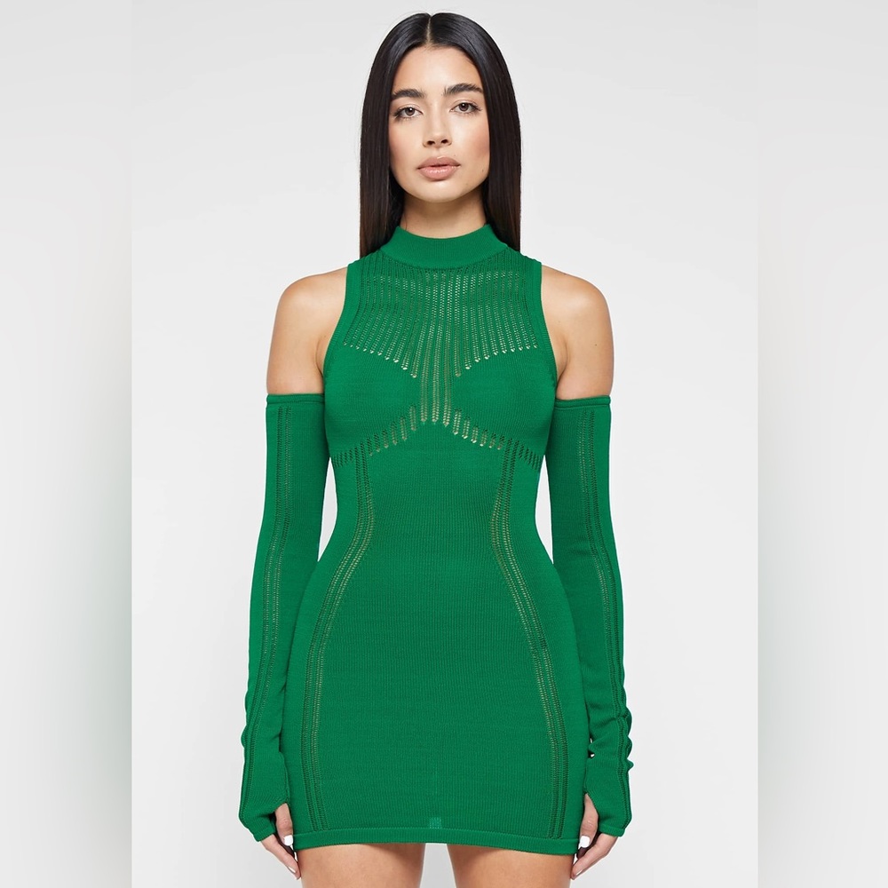 Maniere De Voir Knitted High neck contour dress - Green #manieredevoir #maniere